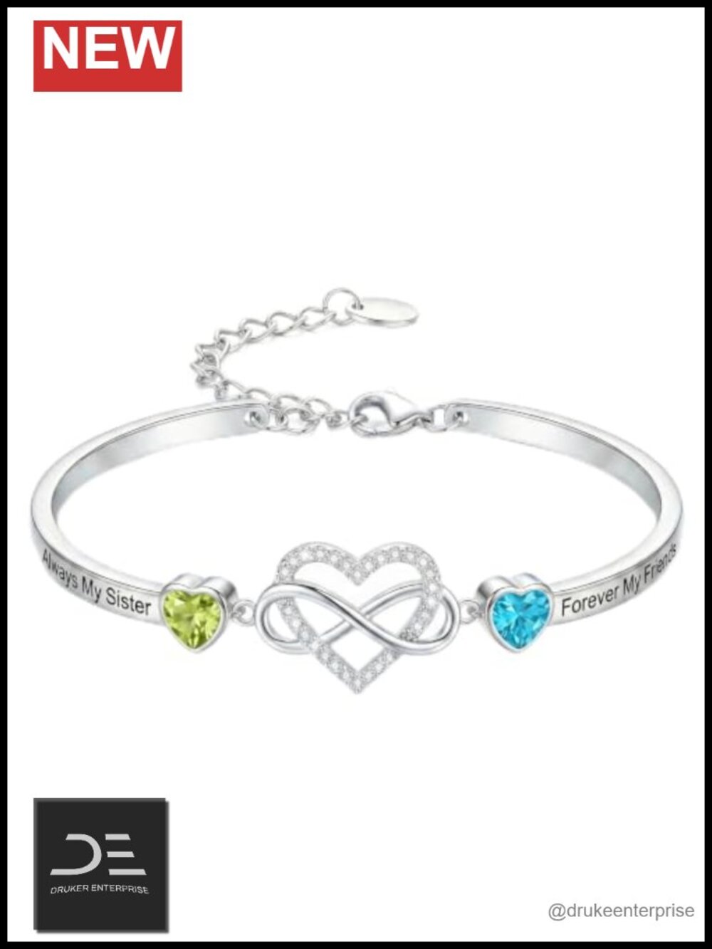 18K White Gold Plated Sisters Infinity Birthstone Bracelet Heart Charm Jewelry